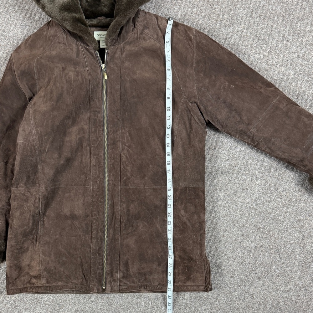 St John’s Bay Brown Washable Suede Leather Zip Jacket Women’s L Hooded Fur Lined - Picture 7 of 8